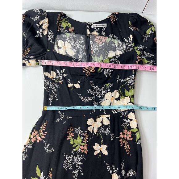 Reformation Luciana Black Floral Midi Dress Side Slit Puff Sleeve Flowy Romantic - Picture 8 of 9